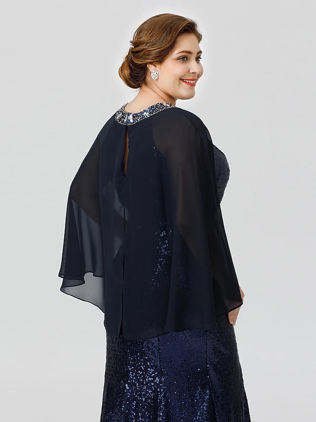 Meerjungfrau/Trompete Kleid für die Mutter der Braut, formell, schick und modern, glamourös und dramatisch, Übergröße, Rundhalsausschnitt, bodenlang, Chiffon, mit Pailletten, 3/4-Ärmel, nein, mit Kristallen und Perlen